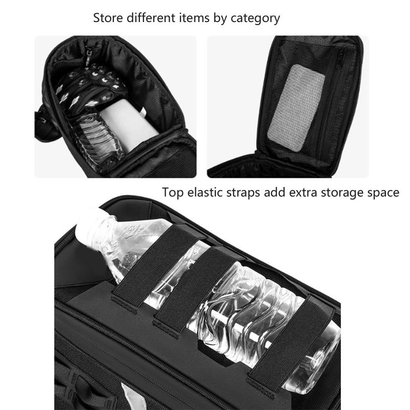 Motorcycle Tank Storage Bag, 5L Polyester Fabric Pouch with Buckle Strap Mounting, Top Opening Access and Carry Along Use for Road Travel Stops