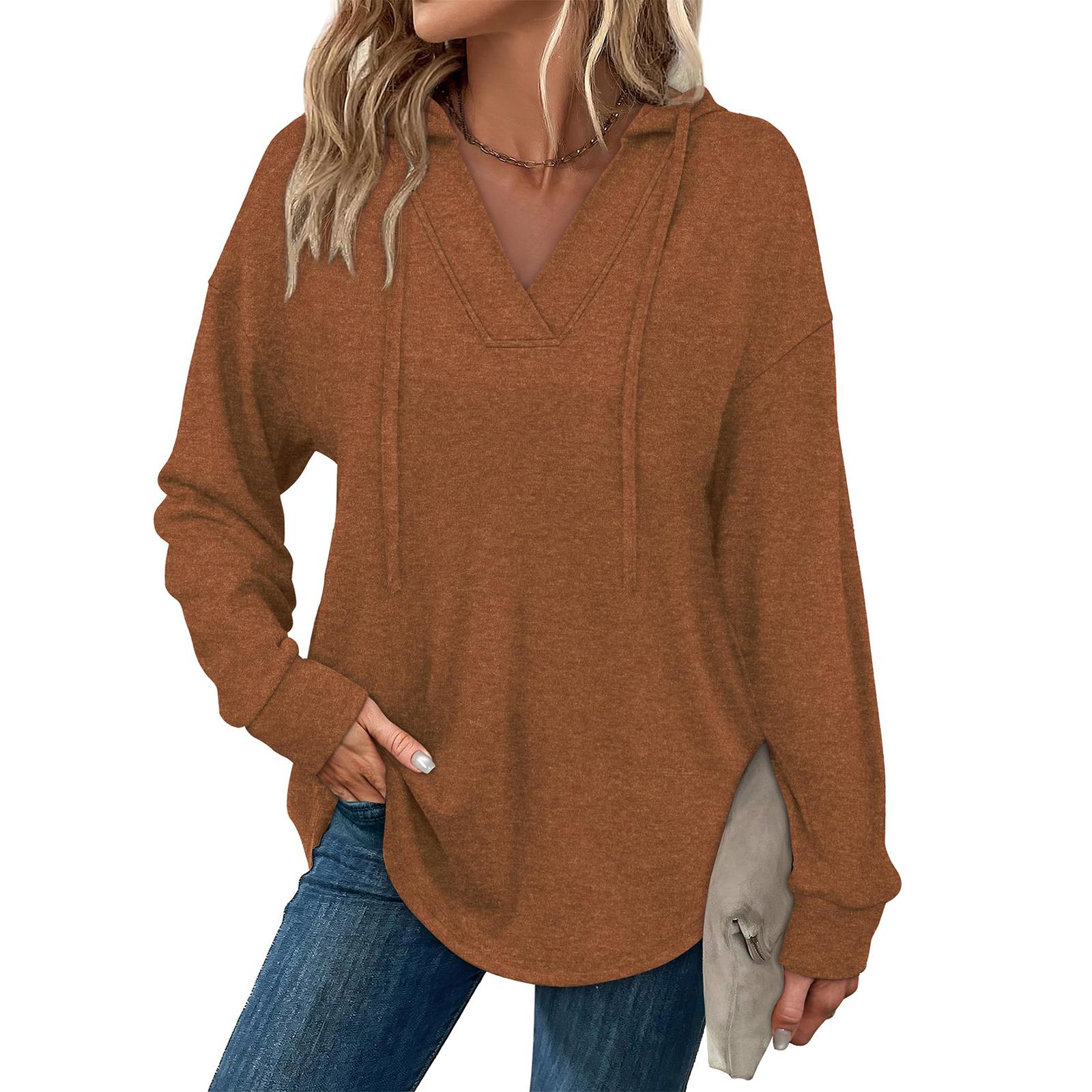 

Women s Fashion Solid-Color Long-Sleeve Hooded V-Neck Casual Sweatshirt Top M