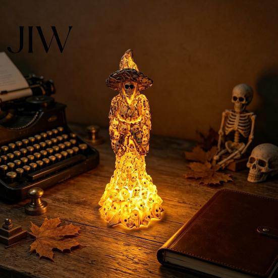 Mysterious Gothic Interior Decor Skeleton Witch Resin Figurine, LED Light Up Statue, Spooky Bohemian Style Home Accents Dark Fantasy Ornament