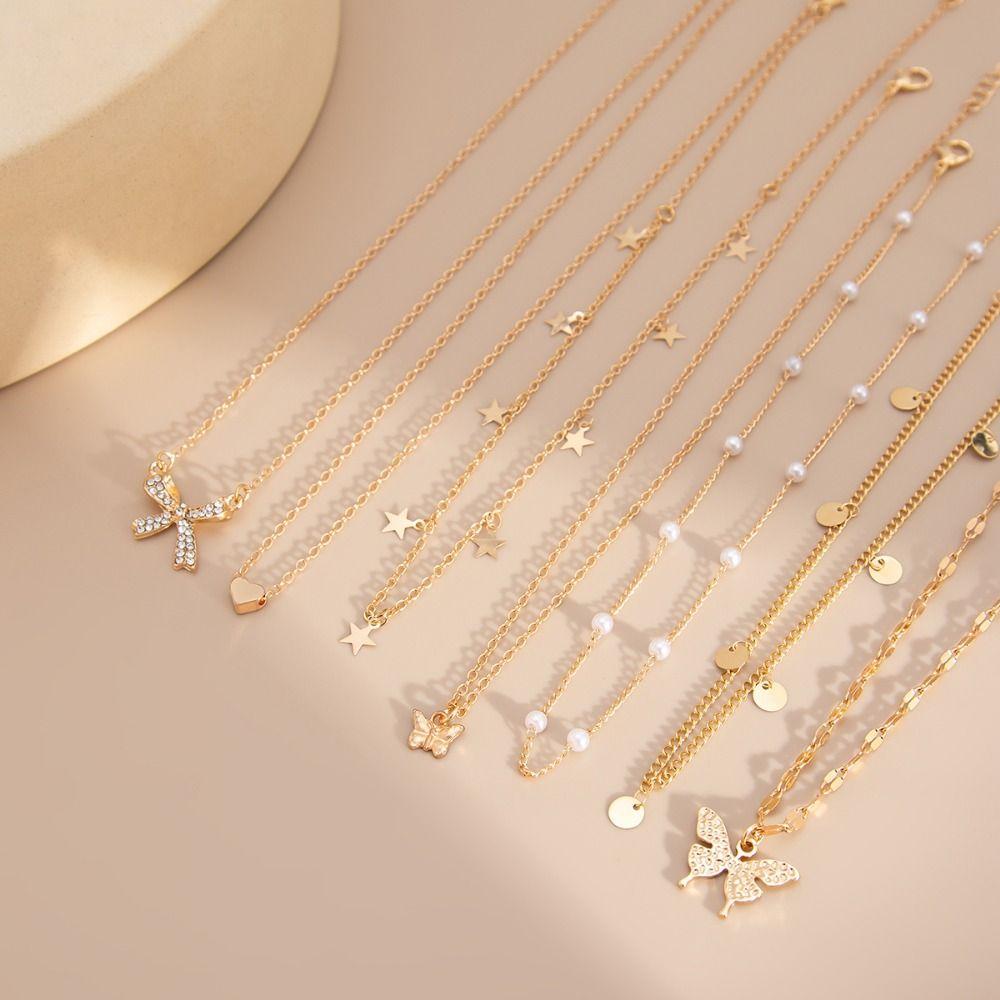 Pearl Clavicle Chain Butterfly Pendant Metal Choker Europe America Style Multilayer Necklace Party