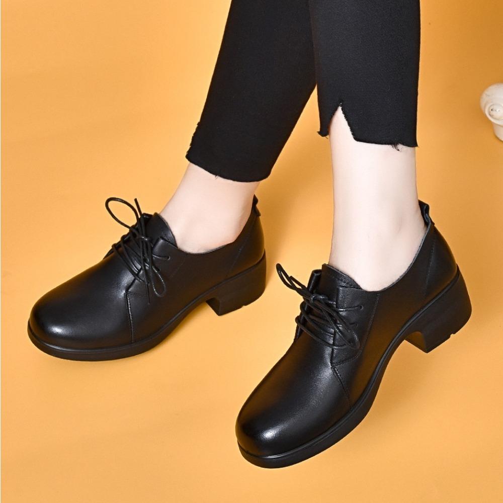 Loafers Women's Spring Autumn Round Head Lace-up Leather Shoes Women's New First-layer Cowhide Thick Heel Commuter Work Shoes