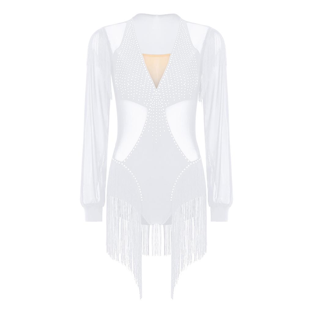 Damski trykot body do tańca latynoamerykańskiego Tango Siateczkowe wstawki Błyszczące dżety Frędzle Długi rękaw Rozpinany krok Kombinezon