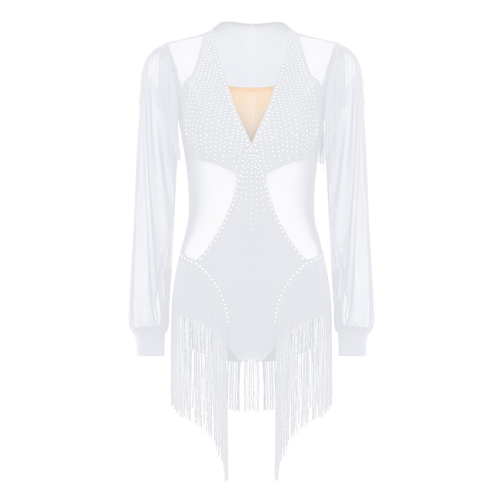 

Жіночий латинський танго купальник прозора сітка печворк блискучі стрази китиці довгий рукав боді з відкритим кроком M білий