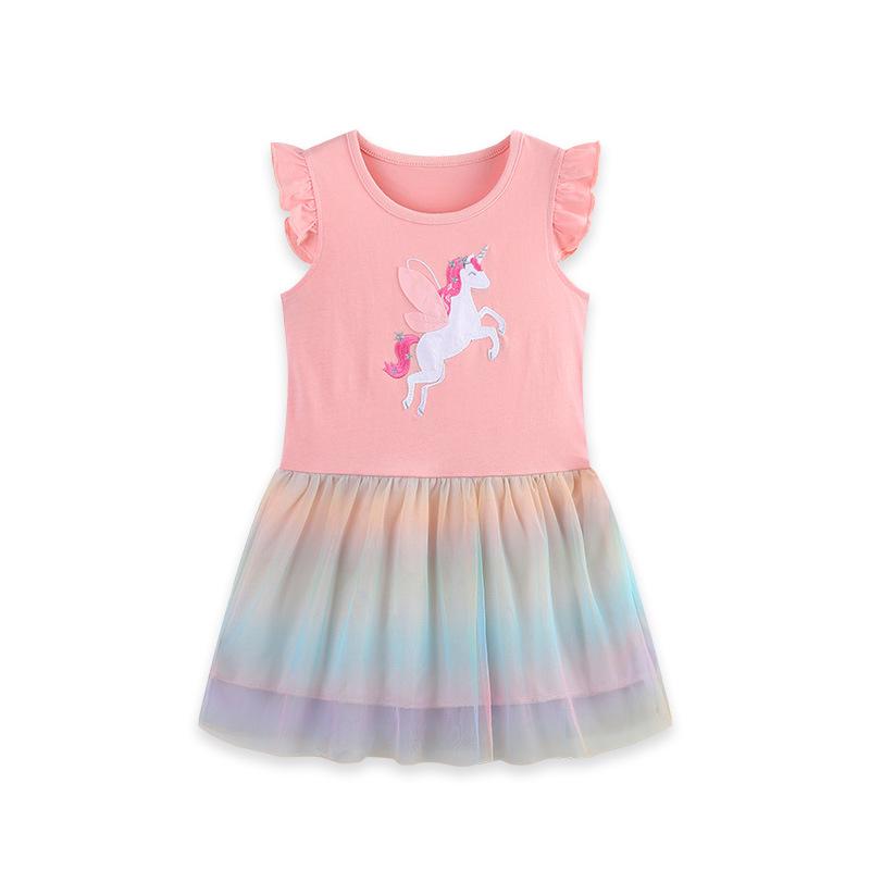 Unicorn Print European & American Style Girls' Princess Dresses In Knitted Cotton