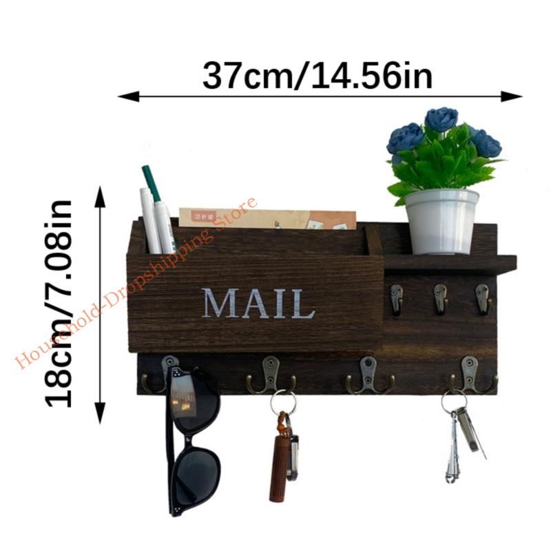Wooden Wall Mailbox And Holder With Hooks Wall Mounted Letter Container 85AD