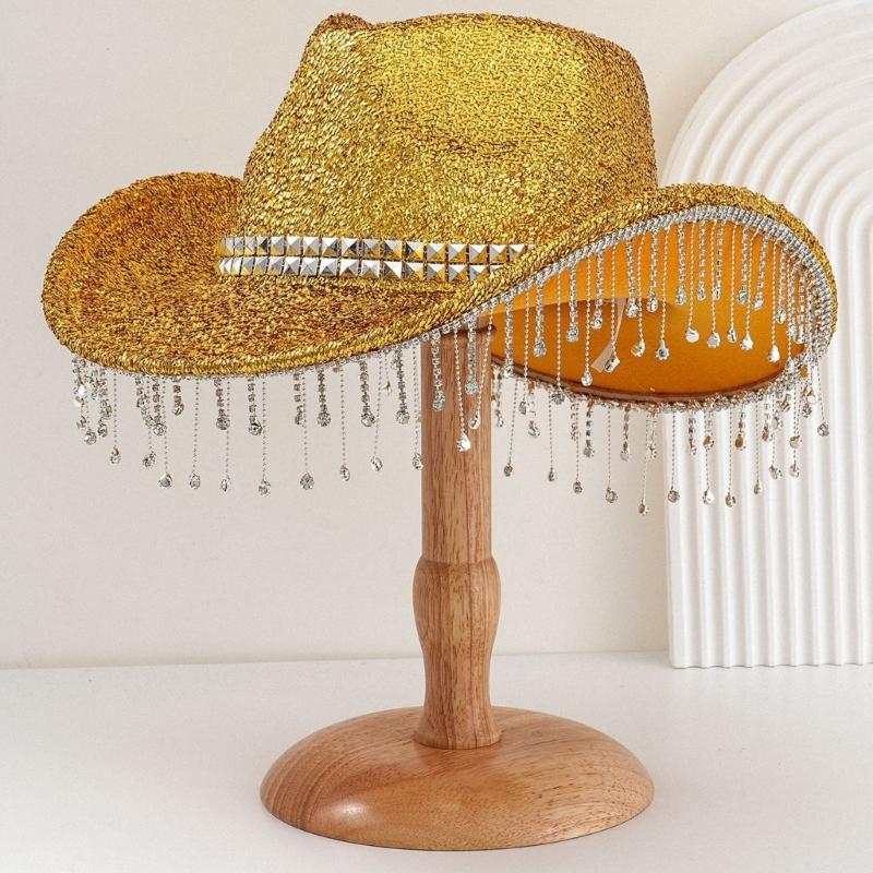 Třpytivý klobouk s třásněmi z kamínků pro ženy muže klobouk fedora na hudební festival s velkým třpytivým práškem na večírky