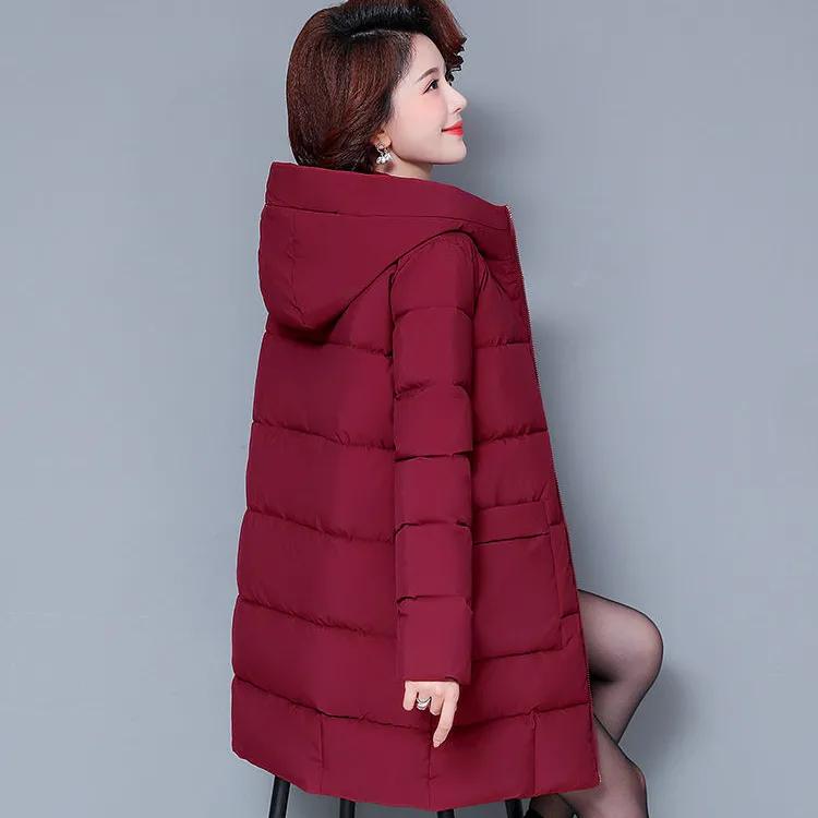 Women's Plus Size Winter Casual Mid-Length Pocket Coat Solid-Color Hooded Warm Jacket for Middle-Aged and Elderly Women
