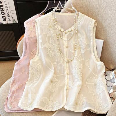 Women's Vest Summer Thin Organza Vest Retro Buckle Vest Embroidered Vest