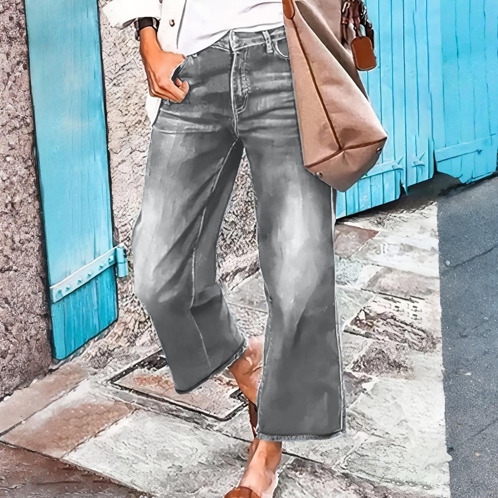 

Ladies Jeans Trend Casual Fashion Straight Leg Wide Leg Mid Waist Casual Fringed Denim Cropped Pants XL