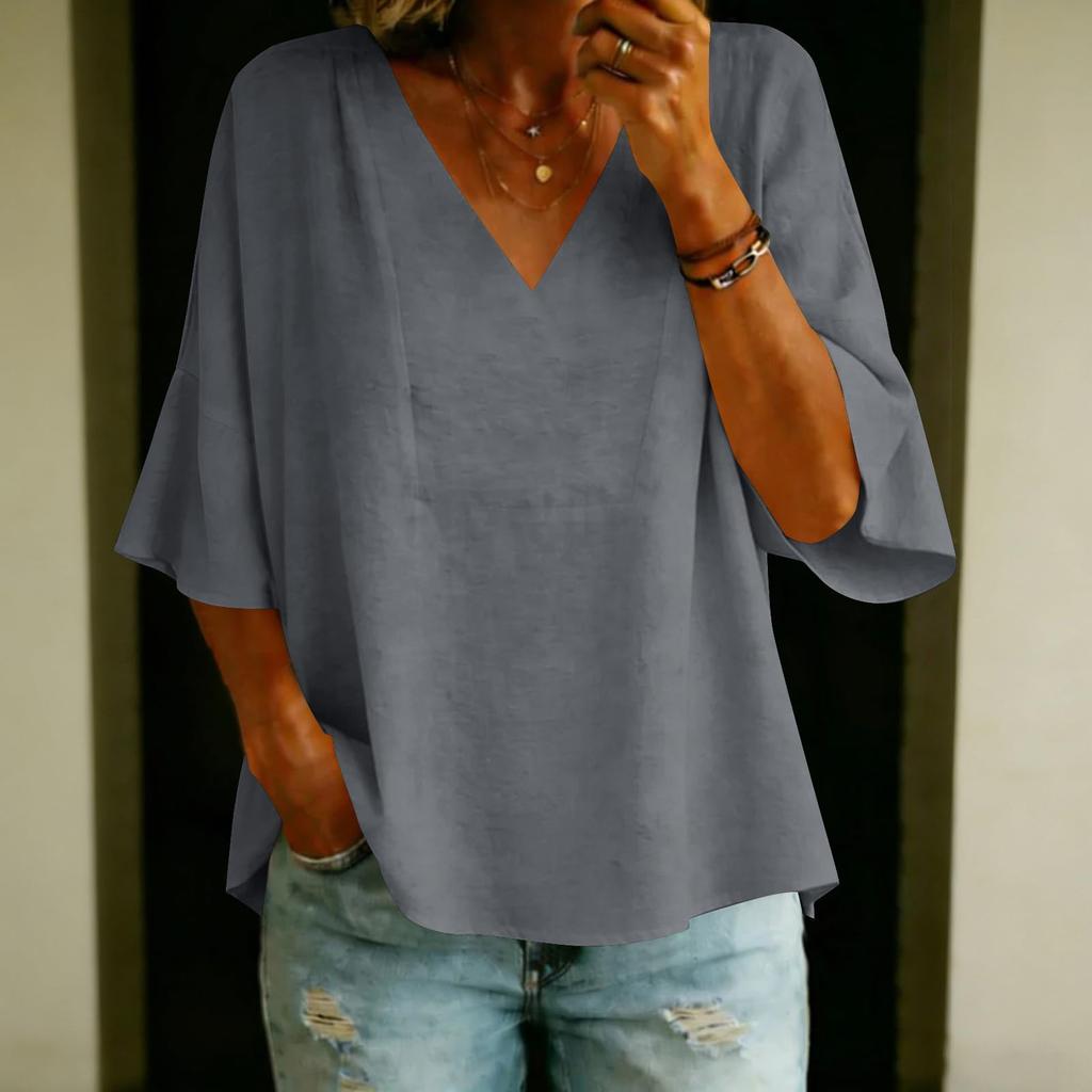 Women Lightweight Loose V Neck Tops Casual 3/4 Sleeve Linen Shirts