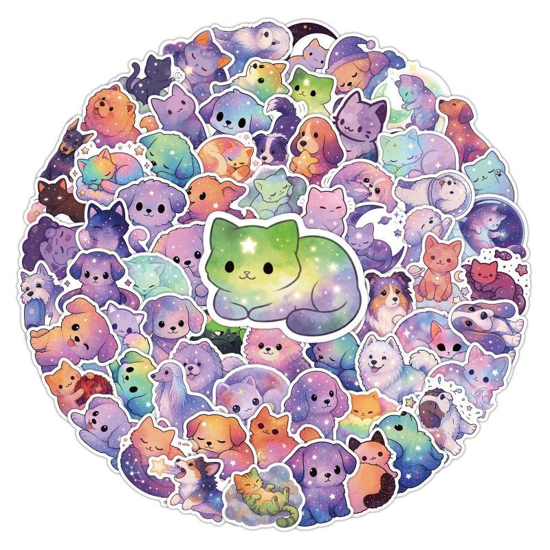 50/100 Pack Cartoon Cat Dog Starry Night Stickers Waterproof Doodle Decals for Kids DIY Craft Laptop Luggage Water Bottle