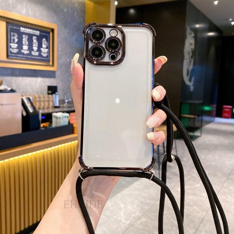 Plating Clear Strap Case For OPPO Realme 13 Pro Plus C55 C53 Reno 12F 12 11F 11 10 8 Crossbody Lanyard Cord 6D Shockproof Cover