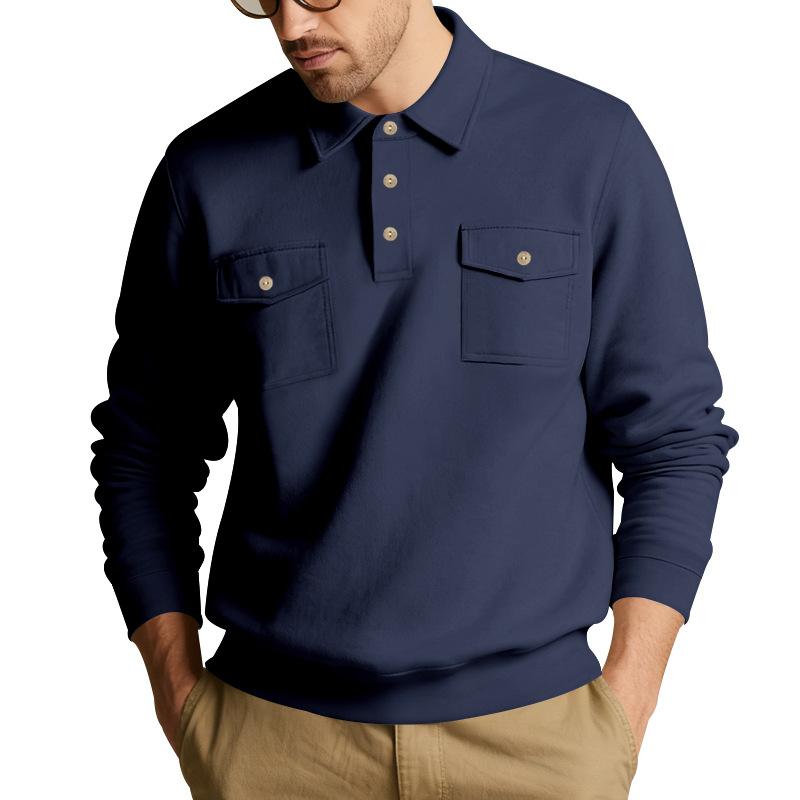 Mens Long Sleeve Polo Collar Casual Workwear Sweatshirt With Pockets