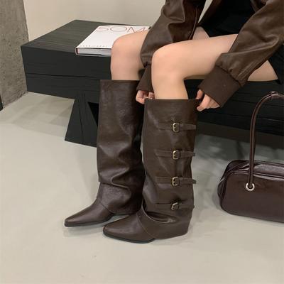 Heel Pants Boots Belt Buckle Boots 2025 Fall/Winter Pointed Western Cowboy Boots Vintage Spice Girl Knight Boots