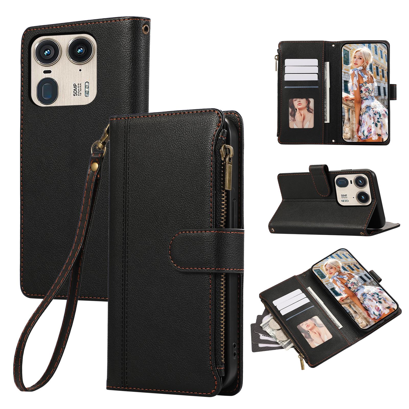 

For Motorola Edge 50 Ultra 5G Case Multi Card Slots Zipper Leather Phone Cover with Wrist Strap Black
