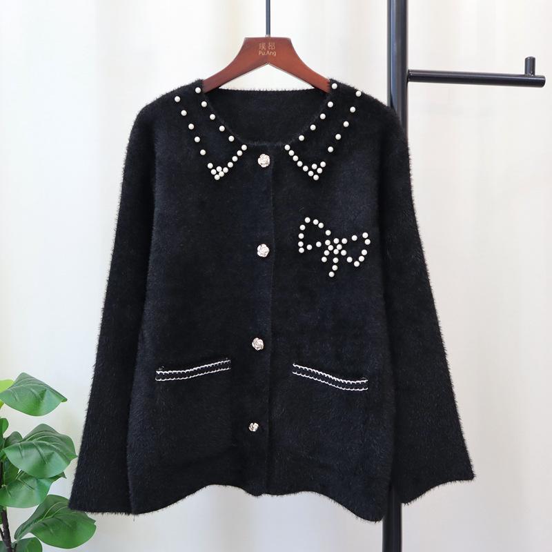 Heavy Industry Nail Bead Imitation Mink Velvet Knitted Cardigan Autumn and Winter New Design Loose Soft Waxy Sweater Jacket Women