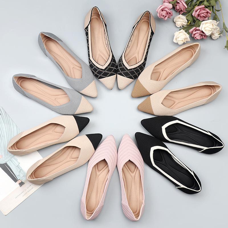 fashion 2024 New Women Spring And Autumn  Fashion Casual  Flat Pointed Knitted Breathable Elastic Comfortable Shoes  Color Matching
