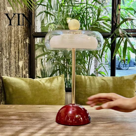 Adjustable Brightness Office Light Retro Glass Mushroom Table Lamp, USB Rechargeable Touch Control Bedside Modern Aesthetic Room Lamp 3 Colors