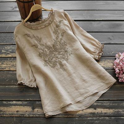 T-shirt ampia taglia grande ricamata larga da donna estiva traspirante sottile stile etnico top