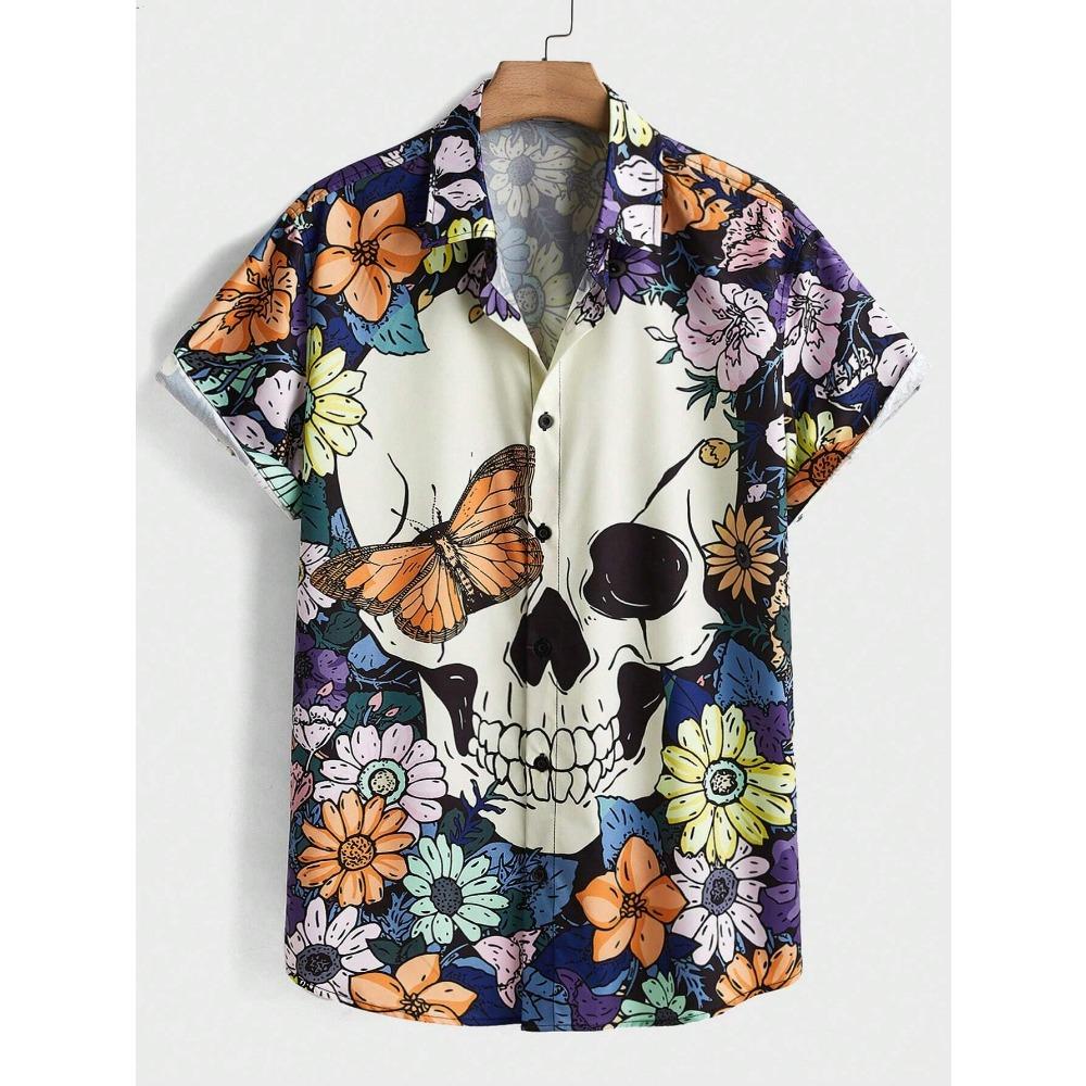 

Мужские повседневные женские рубашки с короткими рукавами и принтом в виде черепа и цветов, модные персонализированные топы с короткими рукавами на пуговицах XL