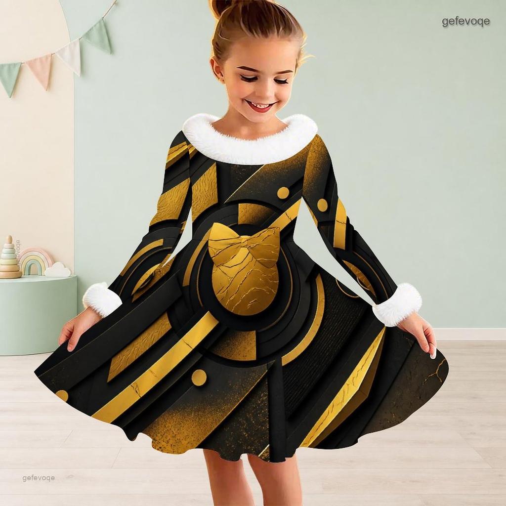 Girls Long Sleeve Black Gold Silver Printed Furry Neck Cuffs A Line Flared Dress