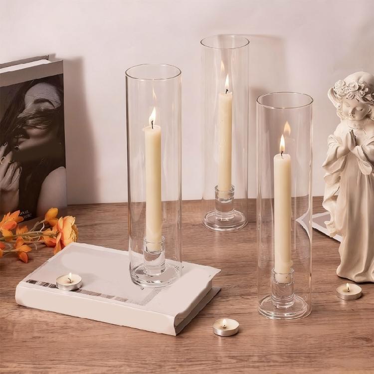Candle Glass Taper Set Holders Of 2 Clear Windproof Covers Design Easy To Clean For Romantics Night Family Gatherings