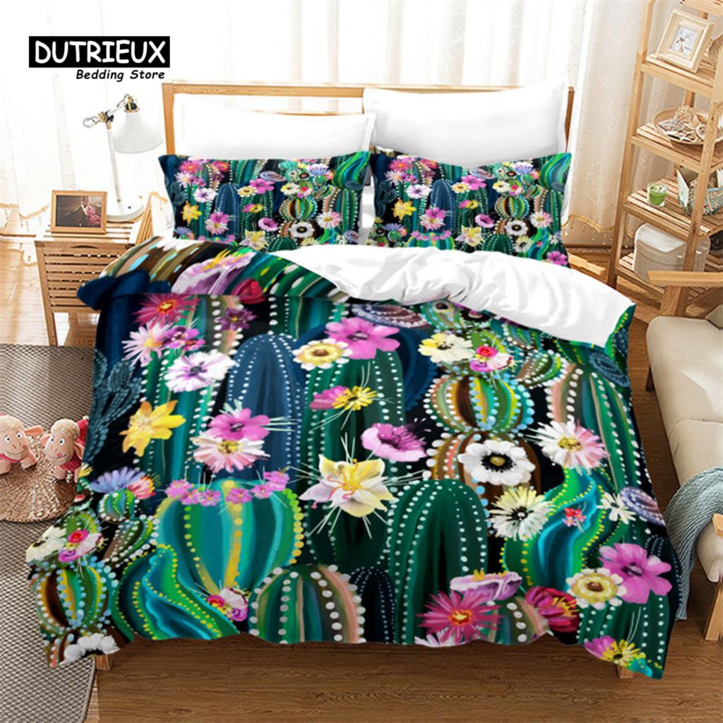 Chic Cactus Bedding Set Queen For Kids Teen Decor Cartoon Green Plants Succulents Duvet Cover Nature Art Floral Comforter Cover