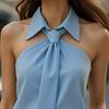Women Shirt Lapel with Tie Off Shoulder Sleeveless Shirt Tops Pure Color Loose Fit
