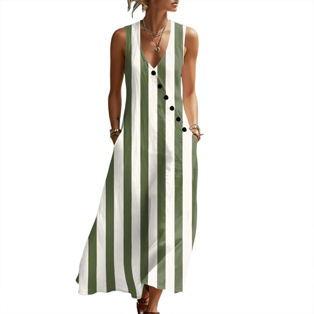 Dames Gestreept V-hals Knopen Mouwloos Maxi Jurk Katoen Linnen Lange Vestjurk Casual Losse Pasvorm Zomerstijl