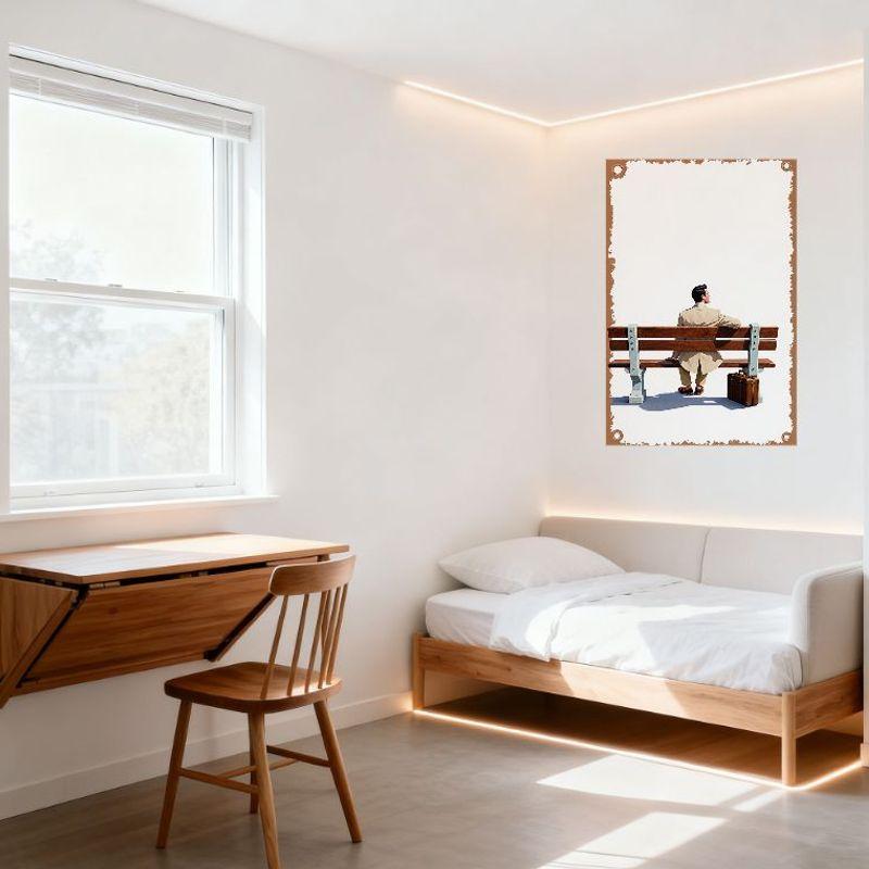 Vintage Man On Wooden Bench with Suitcase Metal Tin Sign, Retro Art Wall Decor for Home Bar Man Cave Cafe Decor, Rustic Illustra