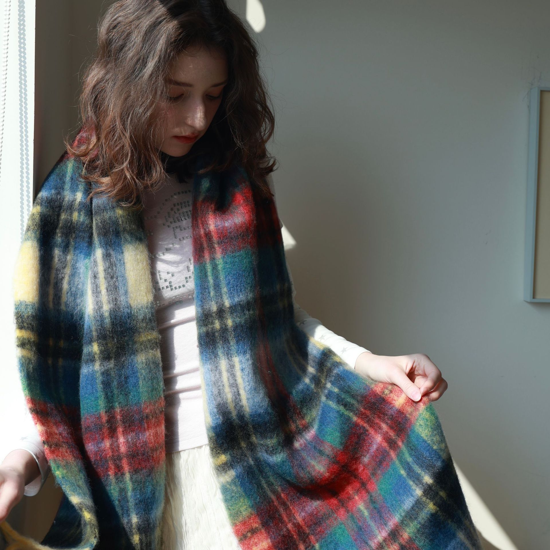 Designer Homemade Colorful Wool Plaid Winter Scarf Women s Thickened Warm Tassel Plaid Scarf Shawl