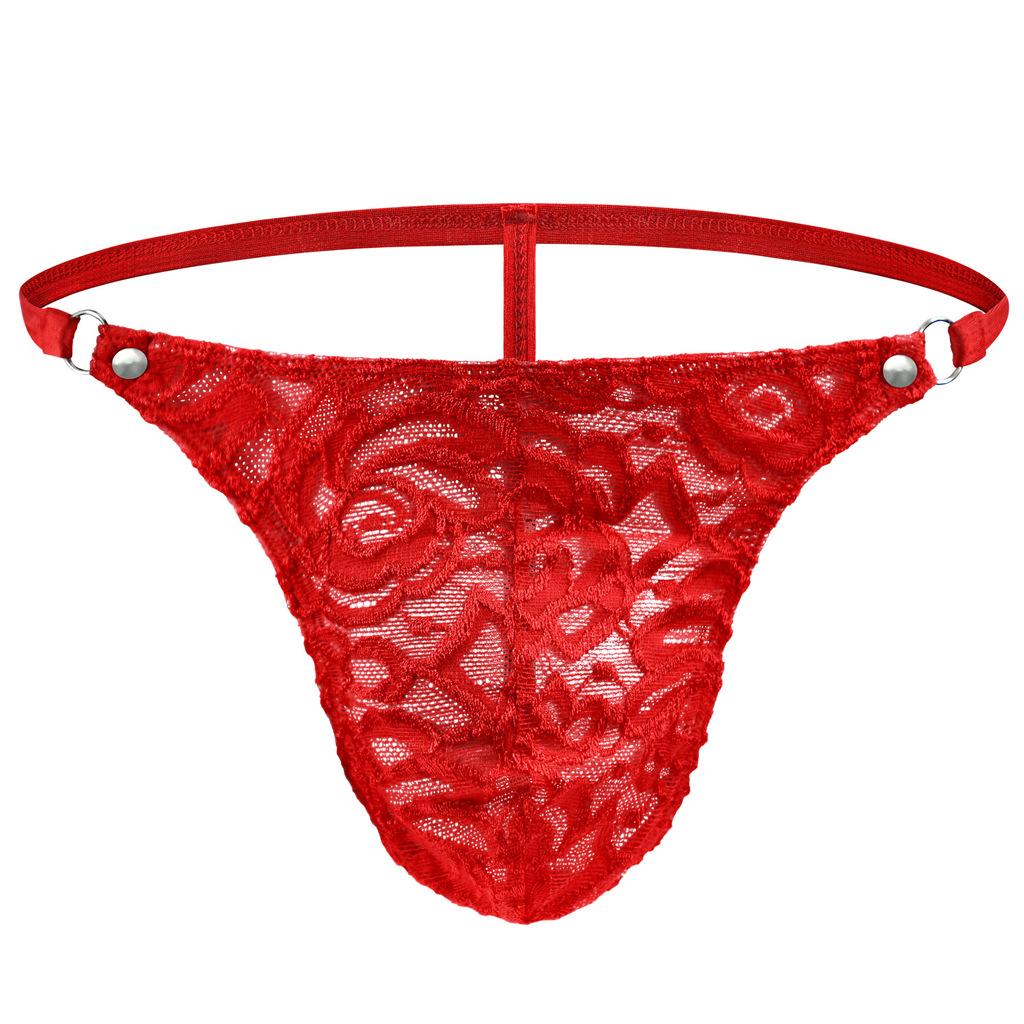 Men Lace Floral G-String Thong See Through T-Back Panties Breathable Mesh Sissy Lingerie With Metal Circular Waistband Underpant