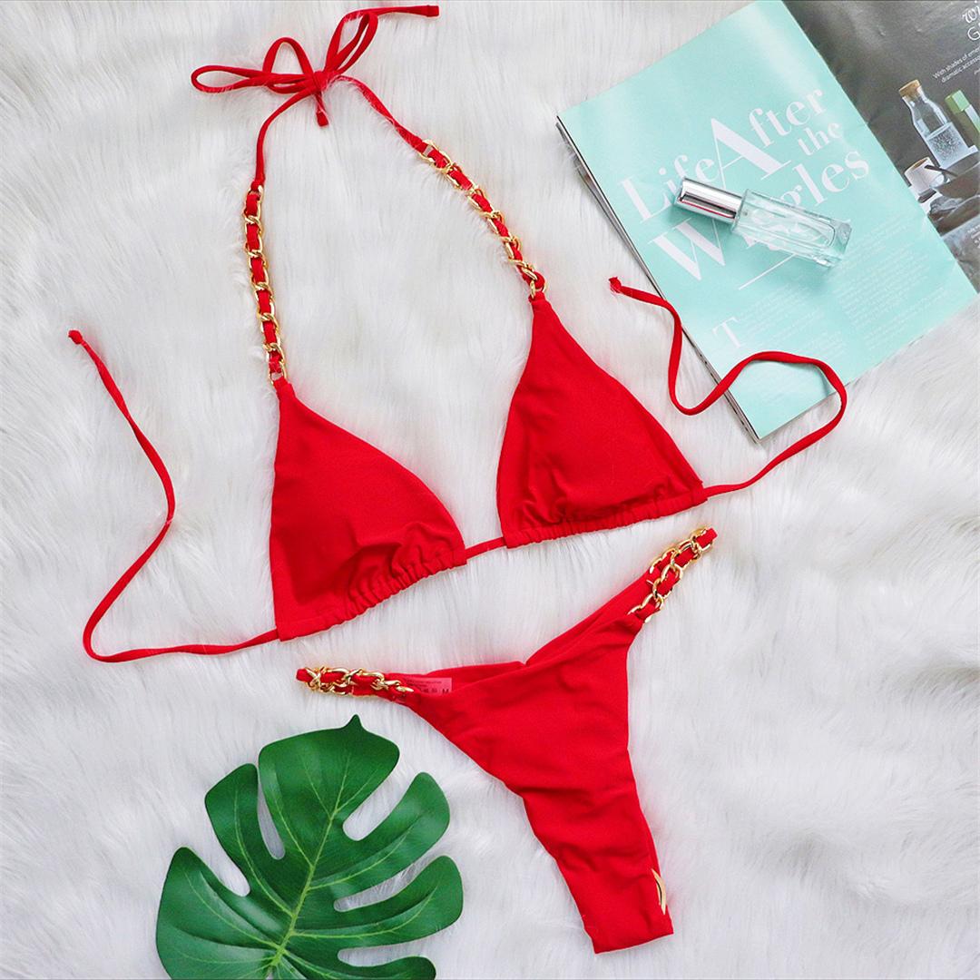 

Металлическое кольцо Холтер Scrunch Butt Thong Bikini Женский купальник Женский купальник из двух частей Бикини Комплект купальный костюм Купальник S красный