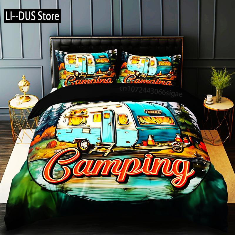 

Camping Car Letter Print Bedding Set: (1 Duvet Cover + 2 Pillow Cases) - No Pillow Inserts Included Queen Size For All Season EU single(135x200cm)
