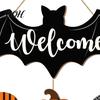 Natural Texture Holiday Sign Halloween BOO Door Sign, Wooden Ghost Evil Pumpkin Black Cat Hanging Welcome Festive for Spooky Bat Hanger Front