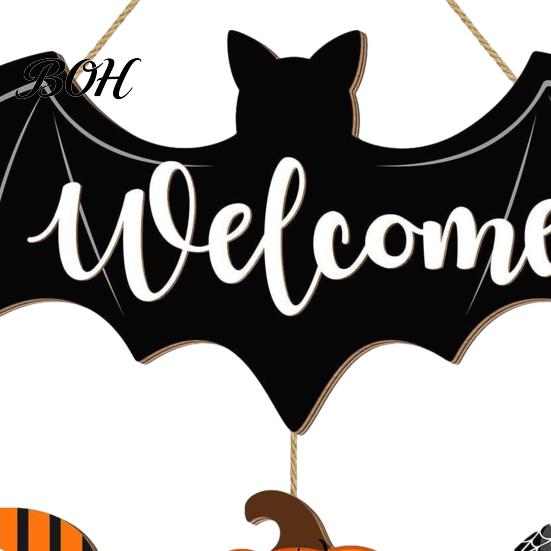 Natural Texture Holiday Sign Halloween BOO Door Sign, Wooden Ghost Evil Pumpkin Black Cat Hanging Welcome Festive for Spooky Bat Hanger Front