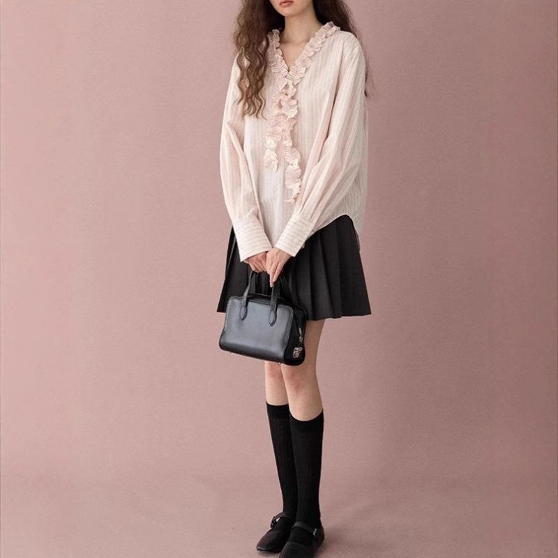 Striped Cotton Loose Lace Striped Shirt Spring New Casual All-match Top