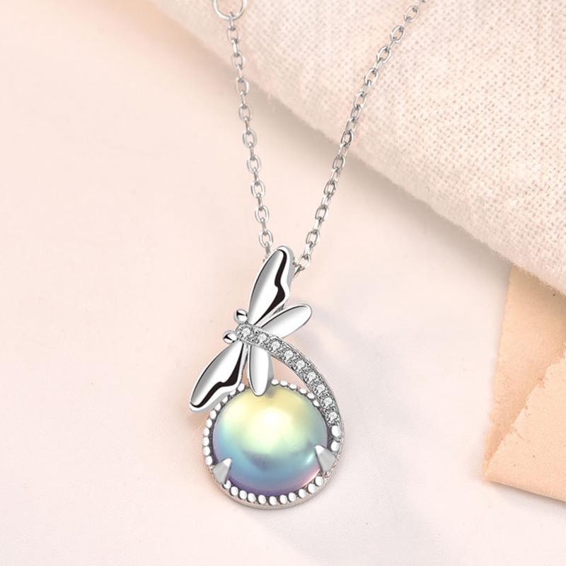 S925 Silver Dragonfly Pendant Necklace with Moonstone for Women