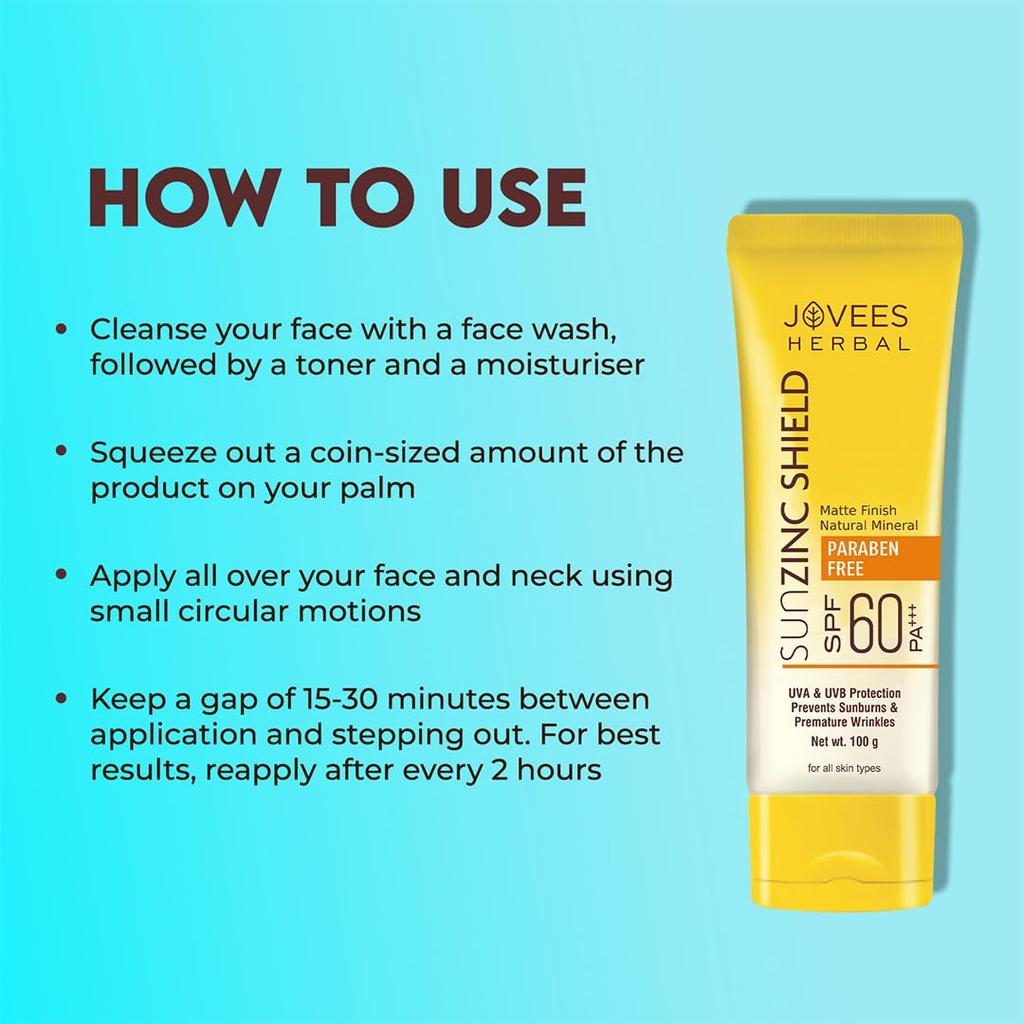 Jovees Sun Zinc Shield SPF 60 PA+++ Sunscreen | Matte Oil Free UVA UVB Blue Light Protection | Broad Spectrum For All Skin Types 100g