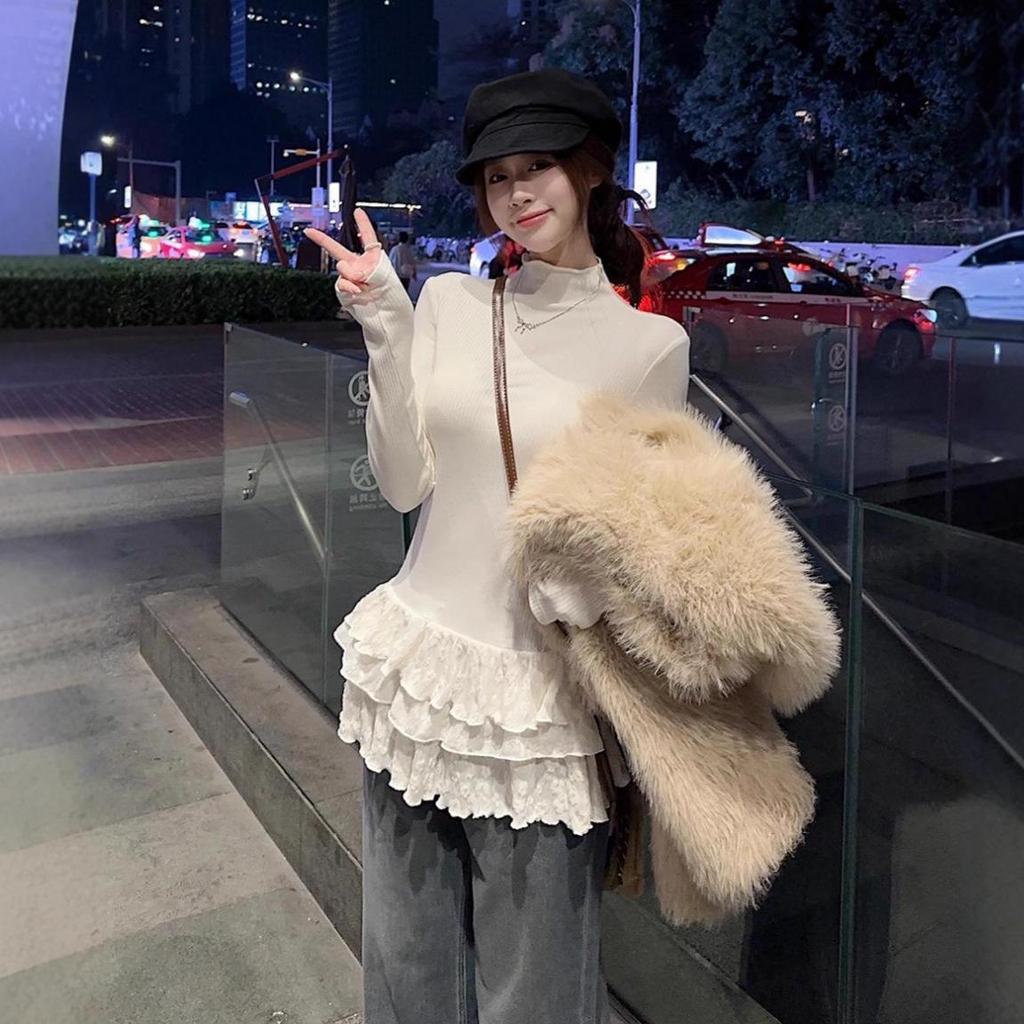 A/W 2025 Women's Thermal Fleece High-neck Layered Lace Turtleneck