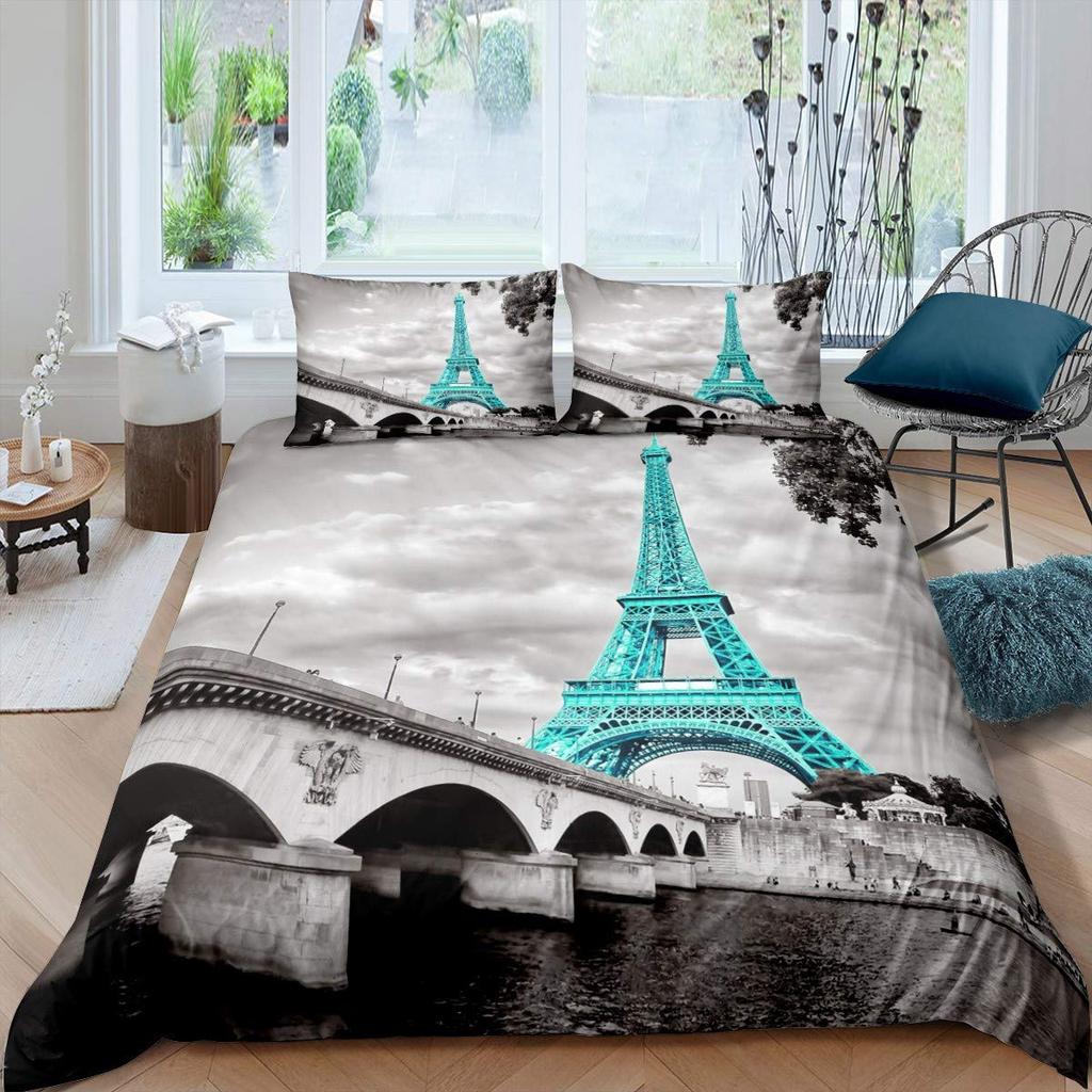 Eiffel Tower Duvet Cover for Teens Adults Queen Lightweight Down Quilt Covers Bedroom Decor 2 Pillowcases 1 Duvet Cover No Quilt