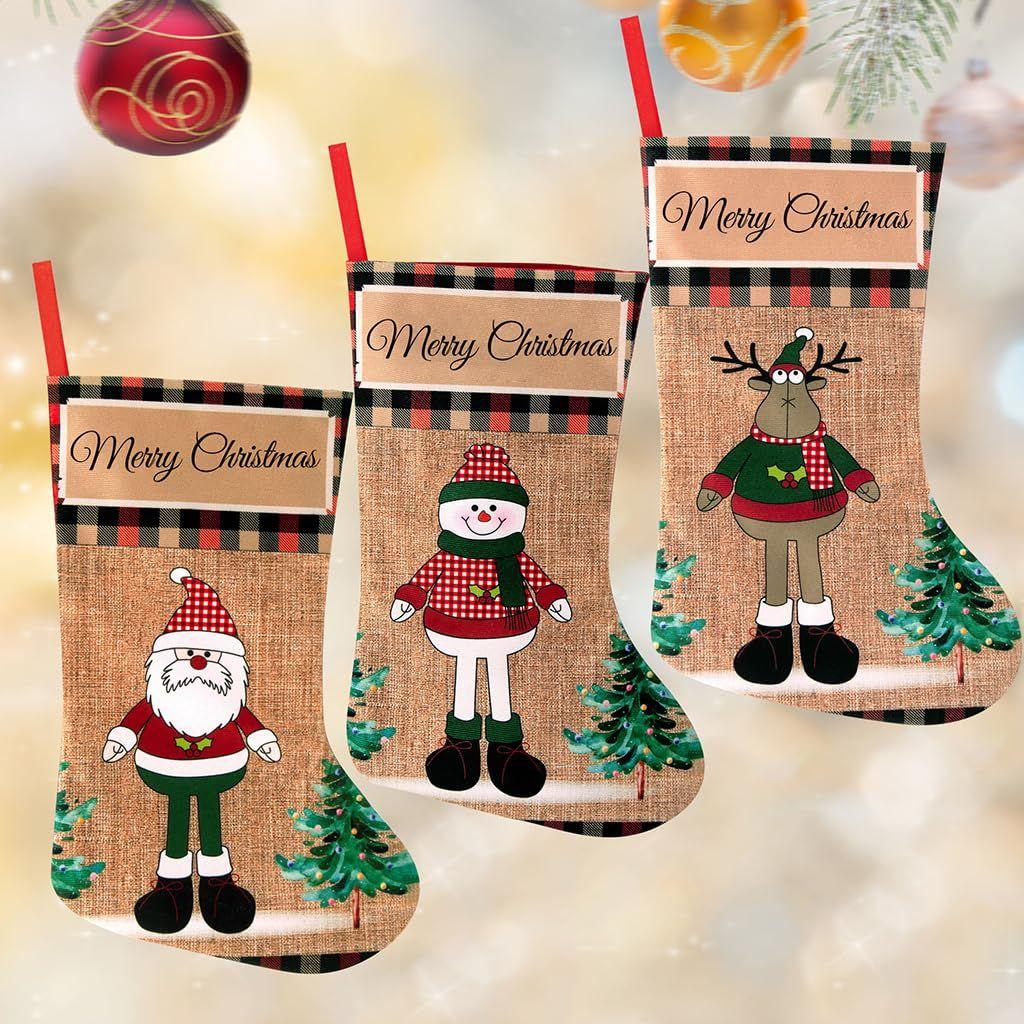 3pcs Christmas Stocking 16 Inch Linen Print Christmas Gift Stocking Hanging Christmas Stockings Gift Christmas Stocking Christmas Stocking for Window