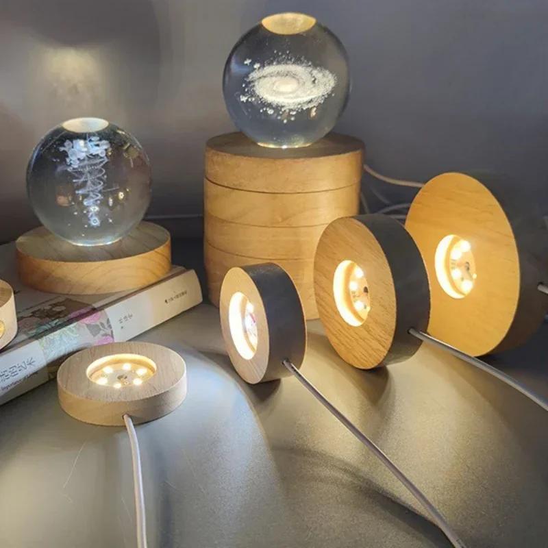 5/8cm Wooden LED Display Base Light Luminous USB Lamp Holder for Crystal Ball Glass Resin Art Ornament Stand Decor Kids Gifts