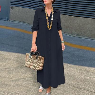 Women Dress Loose Solid Color A-line Chest Long Sleeve Single-breasted Turn-down Collar Pocket Soft Breathable Ankle Length Maxi Dress
