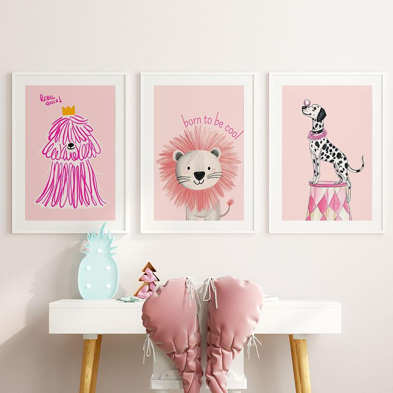 Pink Girl Lion Dog Balloon Cherry Nursery Wall Art Canvas Painting Cartoon Poster And Prints Pictures Baby Kids Room Home Decor