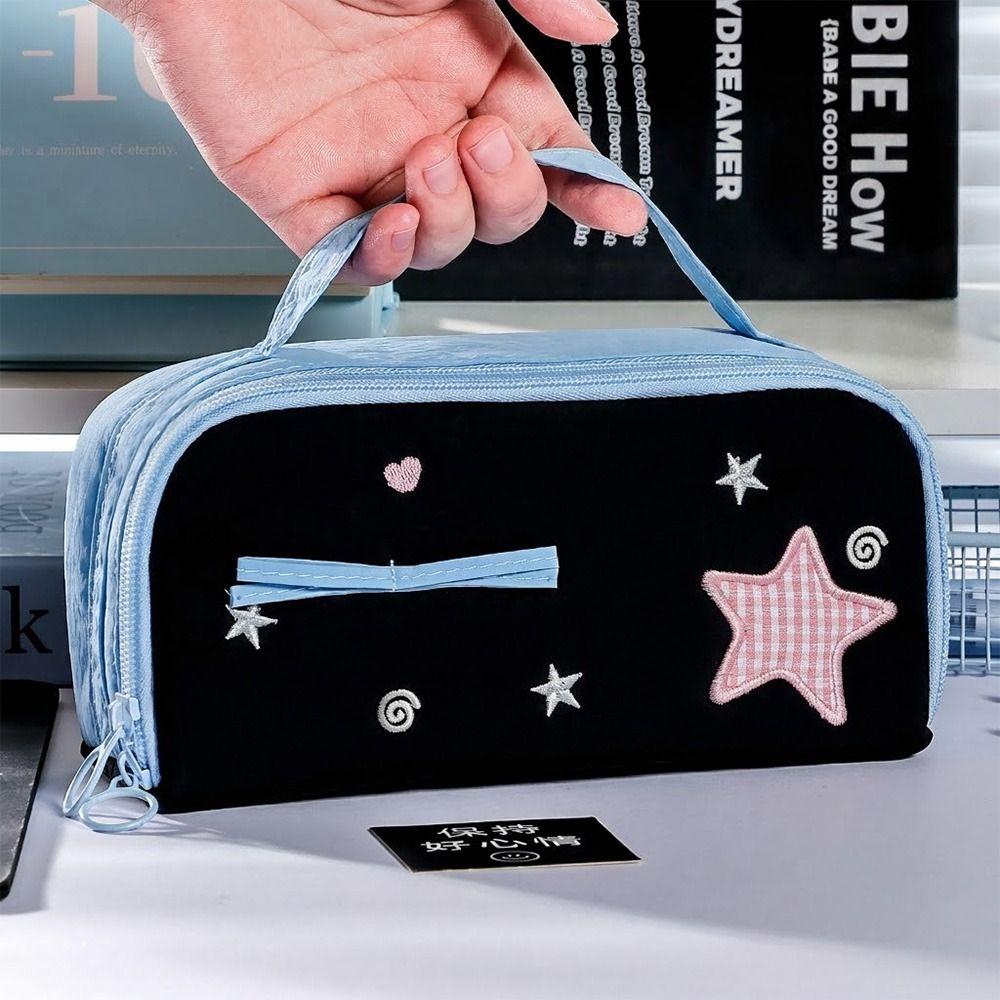 Kawaii With Handle Pencil Case Multi-layer Star Design Pen Bag Large Capacity Pencil Pouch School Supplies