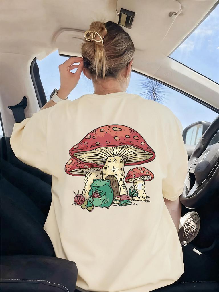 Frog Under Mushroom Printing TShirt Womens Basics Loose T Shirts ONeck Soft Short Sleeve Tops Summer Comfortable Woman Clothes