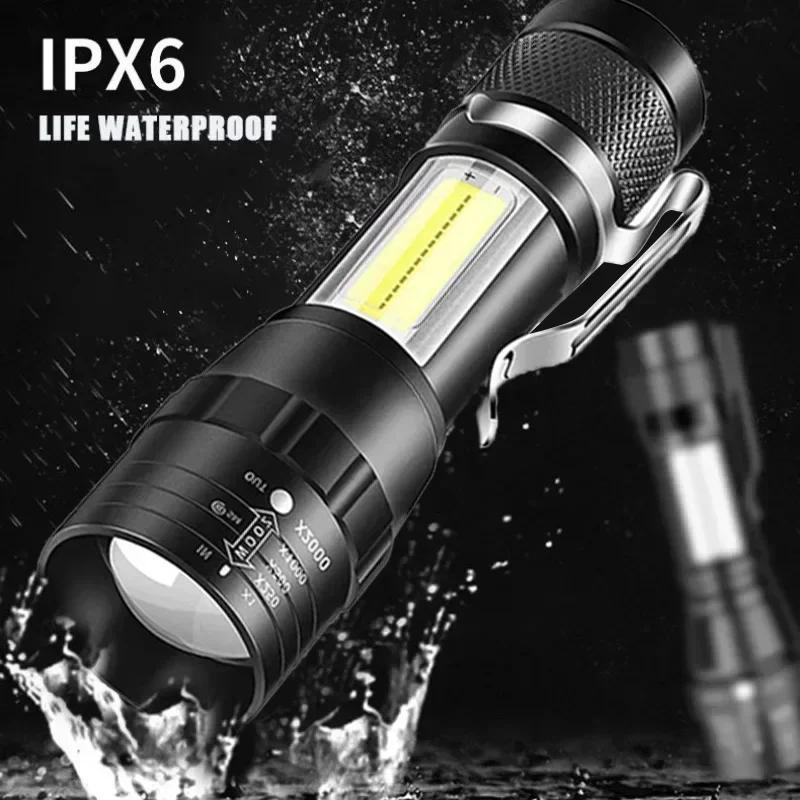 1-2PCS Mini COB+XPE LED Camping Flashlight USB Rechargeable Zoom Torch Tactical Lamp Outdoor Waterproof Emergency with Pen Clip