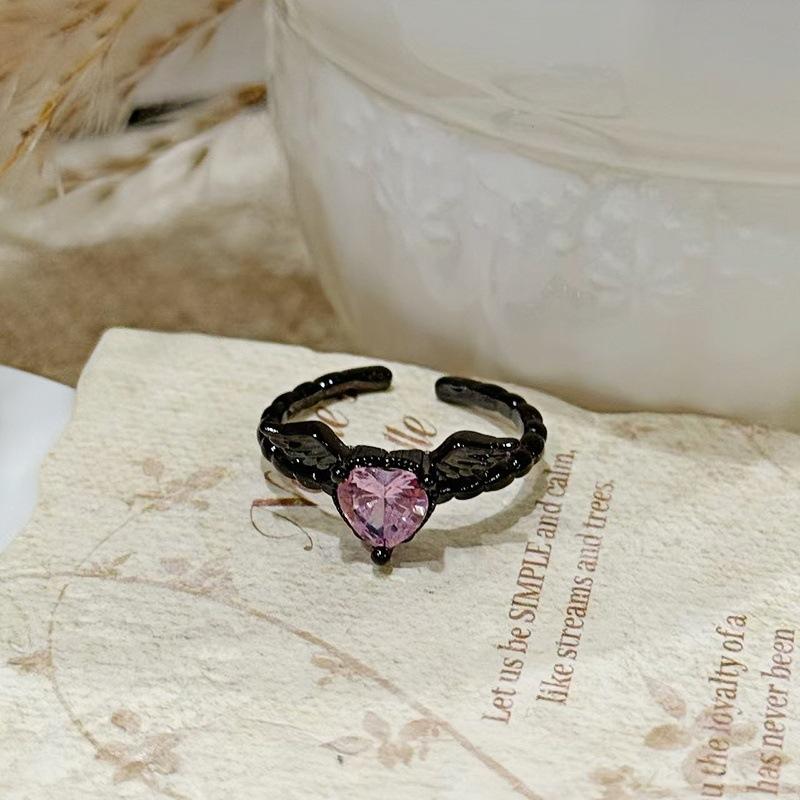Dark Sweet Cool Pink Zircon Love Open Ring Punk Stacked Wear Personality Niche High Sense Girlfriend Ring Girl