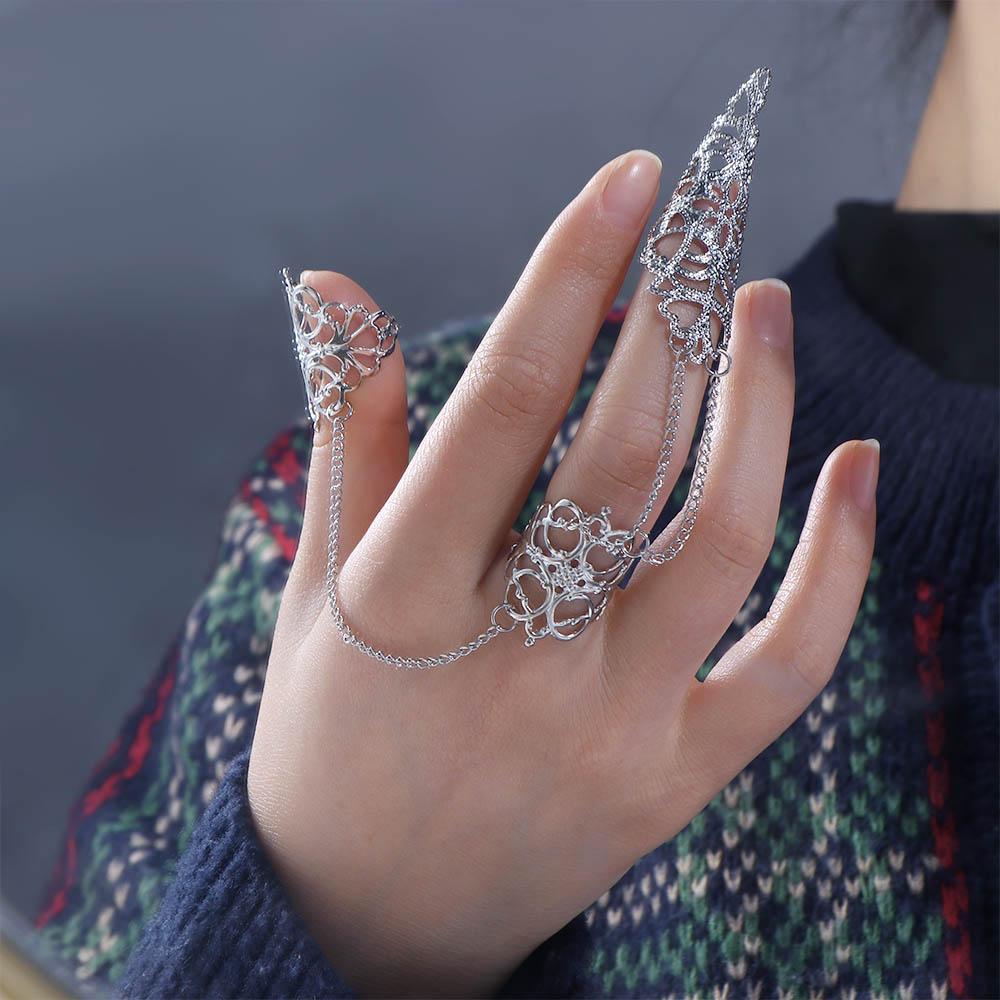 Hollow Out Cone Silver Gold Party Finger Ring Nail Cover Rings Finger Bracelet Chain Women Jewelry